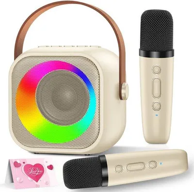 Obrázek produktu pro Mini karaoke systém Unyqoos® pro děti – bezdrátový, s Bluetooth, 2 mikrofony, barevnými LED efekty, přenosný, kompatibilní s formáty MP3/WAV/FLAC