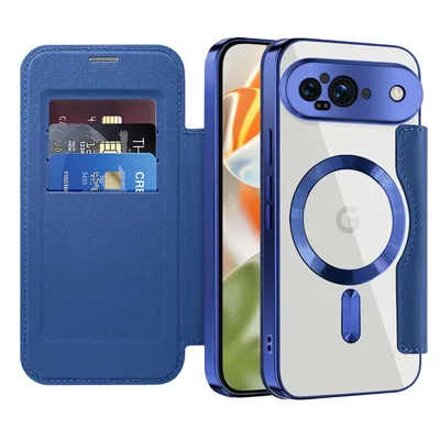Image de Étui pour Google Pixel 10 compatible avec MagSafe, étui transparent avec porte-cartes, étui en cuir avec protecteur d'appareil photo bleu