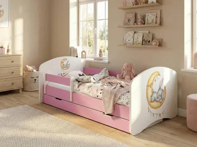 Obrázok produktu pre Detská posteľ Happy Babies - s matracom a zásuvkou a ochranou proti vypadnutiu, 70x140, detské postele pre dievčatá a mládež detská posteľ pre chlapcov