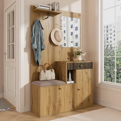 Image de MODFU Vestiaire D’Entrée Tout-En-Un Avec Miroir - Banc Et Meuble À Chaussures En MDF - Design Moderne - Naturel