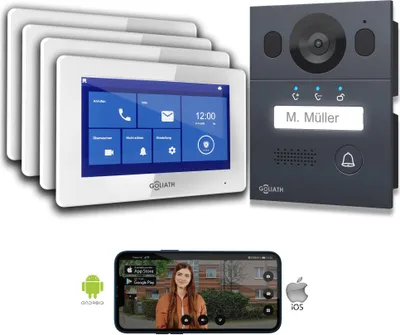 Produktbild von Goliath Basic Line 2-Draht Video Türsprechanlage Weiß/Anthrazit : Aufputzdose : 4 Monitore Türklingel Montagedose: Aufputzdose Monitor Anzahl: 4 Monitore