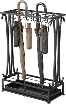 Produktbild von Famanu Regenschirmständer Extra Groß mit 21 Fächern, Rechteckiger Halter mit 24 Haken und Regenwasserauffangschale 70 x 50 x 24 cm