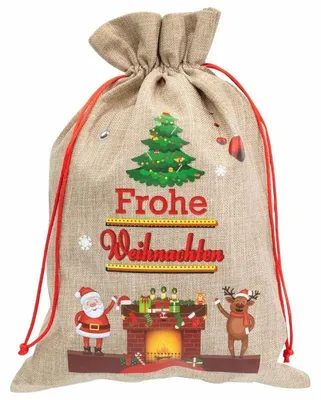 Produktbild von Weihnachtsgeschenksack Tannenbaum Kamin 22x32cm Jute, Weihnachtsmann Rentier