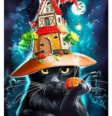 Obrázok produktu pre Obraz podľa čísel "Mačka v klobúku, Halloween", 50x40 cm, s rámom, kreatívny