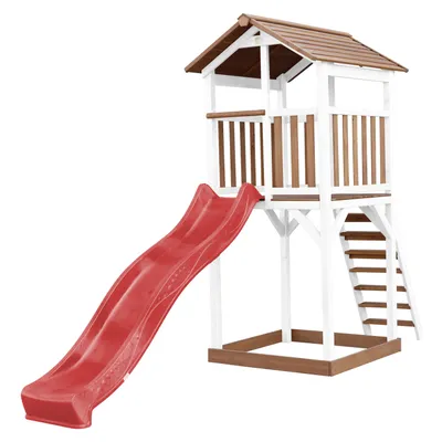 Produktbild von AXI Beach Tower Spielturm aus Holz in Braun & Weiß | Spielhaus für Kinder mit roter Rutsche und Sandkasten | Stelzenhaus für den Garten
