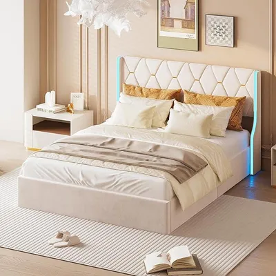 Image de Lit double 160x200 avec coffre de rangement, lit capitonné LED, lit hydraulique avec espace de rangement et sommier à lattes, lit pour adolescents, structure de lit fonctionnelle, revêtement en velours, couleur beige, sans matelas
