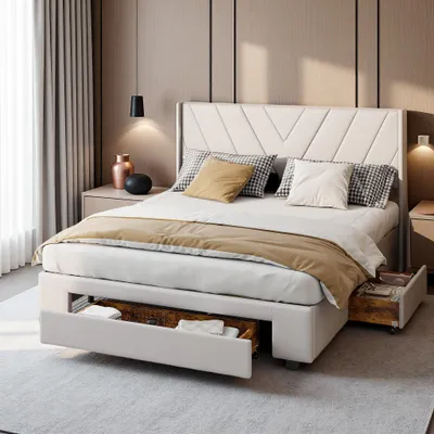 Image de ProximaX Lit double 160x200 cm, Lit rembourré avec 3 tiroirs & espace de rangement | Tissu beige, Sommier à lattes inclus