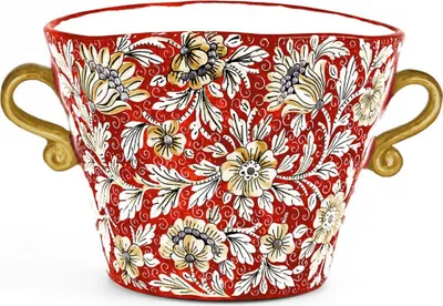 Image de Casa Padrino Pot de fleurs en céramique de luxe avec 2 poignées rouge / multicolore Ø 27 x H. 20 cm - Pot de plantes en céramique fait et peint à la main - Qualité de luxe -  Italy