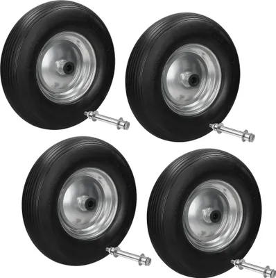 Produktbild von ECD Germany 4er Set Schubkarrenrad aus pannensicherem PolyurethanVollgummi, Ersatzrad Gummirad mit Achse, 4.80/4.00-8, Durchmesser 390 mm, Schwarz, 200kg, Reifen mit Stahlfelge