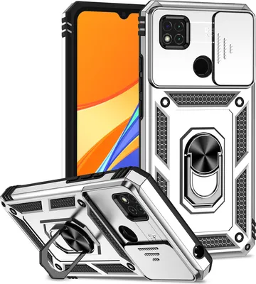 Image de Etui pour Xiaomi Redmi 10A / 9C étui double couche avec cache appareil photo coulissant et anneau de support Argent
