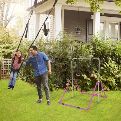 Image de UISEBRT Barre de gymnastique réglable en hauteur pour enfants 120-180cm, barre fixe pliante Indoor avec anneaux de gymnastique, barre de traction, appareils d'entraînement, violet foncé