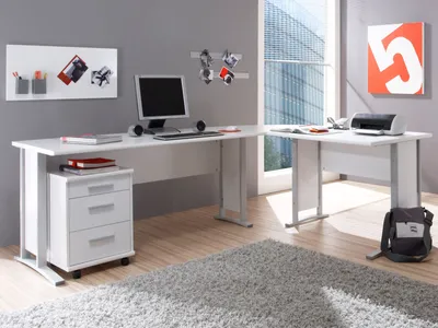 A modern white corner desk setup in a home office with a computer, printer, and decorative items.