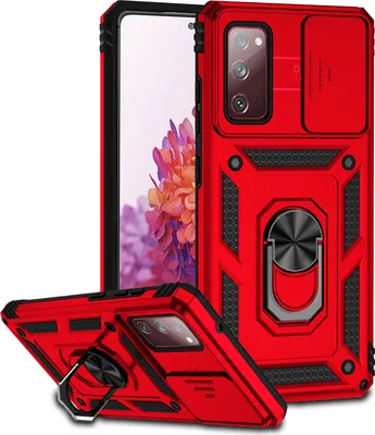 A red phone case with a sliding camera cover and a ring holder is shown from multiple angles.