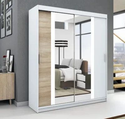 Produktbild von Schwebetürenschrank, 2-türig Schrank! Moderne Garderobe für Kleidung. Verschiedene Farben (Weiß, Schwarz, Somona) Kleiderschrank BRUNI 180 cm