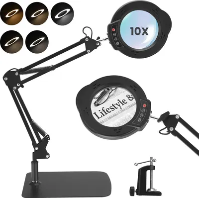 Produktbild von Lupenlampe - 10x mit Licht - Dimmbar - Schwenkarm - 2-in-1 Tischlampe mit Ständer und Klemme - Schwarz