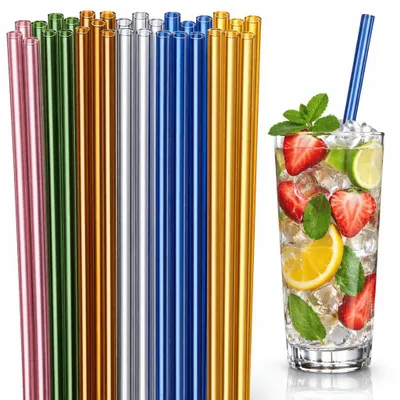 Produktbild von 24 Glasstrohhalme +2 Bürsten Glashalme Glas Trinkhalme Cocktail Strohhalme Bunt