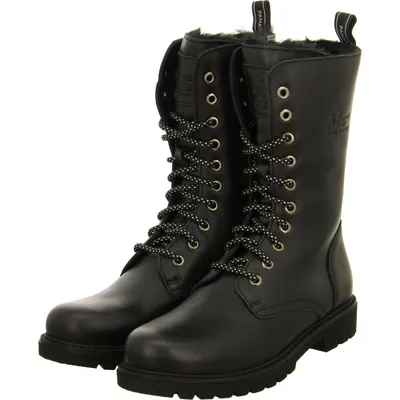A pair of black leather boots with laces and fur lining.