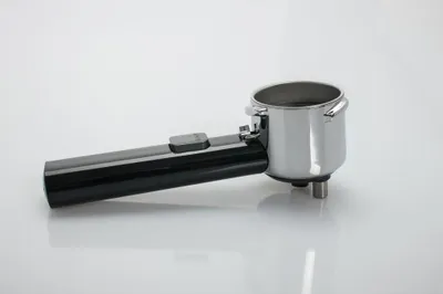 A chrome and black coffee portafilter on a white background.