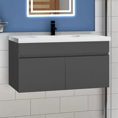 Produktbild von Waschtisch mit Unterschrank 80cm BERGEN Badmöbel Set Dunklegrau Waschbecken mit Unterschrank MDF Softclose