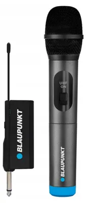 A wireless microphone set with a handheld microphone and a transmitter is shown against a white background.