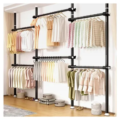Produktbild von Begehbarer Kleiderschrank System Teleskop Kleiderständer mit 2 Haken und 6 Kleiderstangen - Schwarz