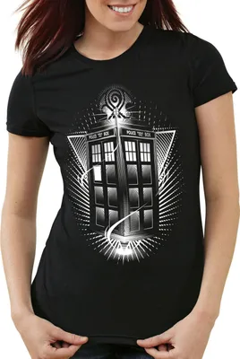 Produktbild von style3 Wibbly Wobbly T-Shirt Damen zeitreise serie polizei notrufzelle, Farbe:Schwarz, Größe:S