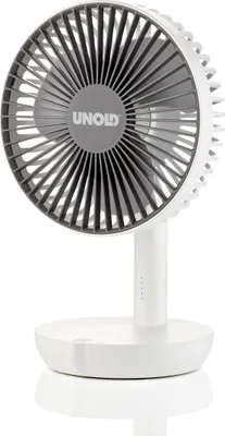 Vor einem schlichten weißen Hintergrund ist ein kompakter, weiß-grauer Tischventilator mit drei Flüg