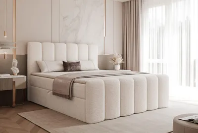 Produktbild von GOLDSTOFF ETERNA Boxspringbett 140x200 cm mit Bettkasten Bonellfederkern & hohem Kopfteil Polsterbett mit Stauraum (Cremefarben)
