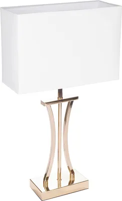 A table lamp with a white rectangular shade and a gold metallic base.