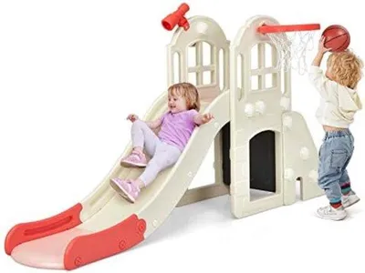 Produktbild von Unyqoos® 6-in-1 Kleinkind-Spielset – lange Rutsche mit Kletterwand, Tunnel, Basketballring & Ringwurf, HPDE, ASTM & CPSIA, 3–8 Jahre