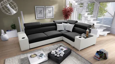 Produktbild von Ecksofa mit Schlaffunktion Eckcouch PERS II (Schwarz Sawana 14 + weißes Kunstleder, Rechts)