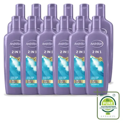 Image de 12 flacons de shampooing et après-shampooing 2-en-1 Andrélon, parfum melon et aloe vera, 300 ml - Pack économique - 12 pièces