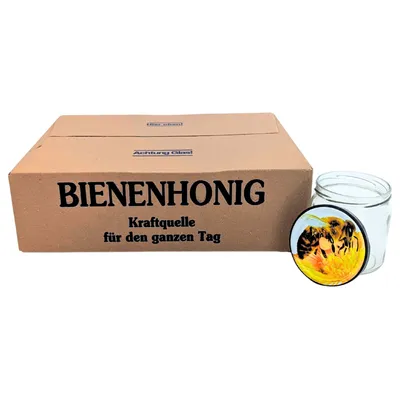 A cardboard box with text and a glass jar with a lid featuring a bee illustration, set against a white background.
