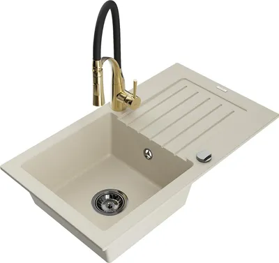 Image de Mexen Pablo Évier en granit 1 bac avec égouttoir et mitigeur Aster, Beige - 6510-69-73450-57-B