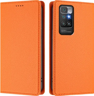 A split image showing the front and back of an orange leather phone case for a Xiaomi Redmi 10.