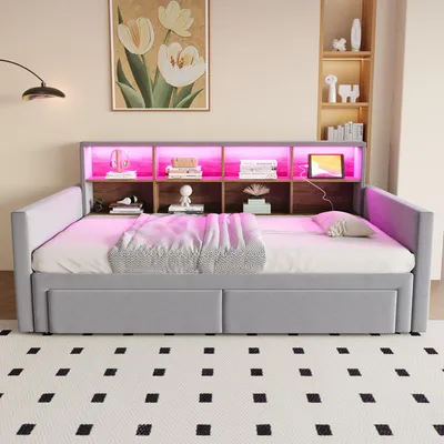 Produktbild von okwish Ausziehbares Schlafsofa 90/180x190 Daybett Tagesbett mit Staufächern,Bettgestell Kinderbett mit LED und 2 Schubladen,Jugendbett mit Lattenrost,Hellgrau(ohne Matratze)