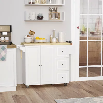 Image de Îlot de cuisine mobile de style rustique, chariot de cuisine avec plan de travail en bois massif rabattable, chariot de service avec 3 tiroirs, blanc/naturel, 111,5 x 75 x 89 cm