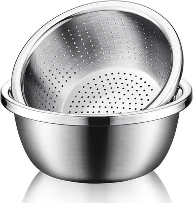 Obrázek produktu pro Sada kuchyňských sít RVS 2 v 1 – velká, 5 litrů – kovové síto z nerezové oceli na rýži, těstoviny a zeleninu – lze mýt v myčce – 24 x 10 cm