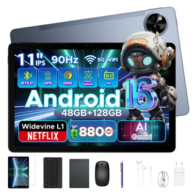 Obrázek produktu pro Tablet AP11, Android 16, 48 GB RAM + 128 GB ROM/2 TB, 11 palců, 90 Hz, HD IPS, procesor Octa-Core T7250, baterie 8800 mAh, technologie Gemini AI, podpora Widevine L1, klávesnice, stylus, myš a obal