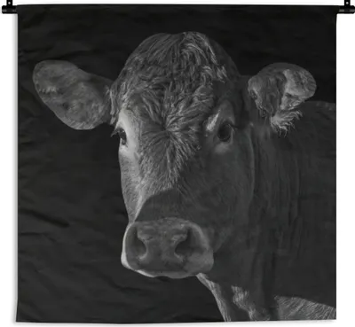 Produktbild von MuchoWow® Wandteppich Wandbehang Kuh - Tiere - Schwarz - Weiß - Porträt 90x90 cm Tapisserie Dekoration Wandtuch - Wandaufhänger