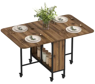 Produktbild von Klappbarer Kš¹chentisch mit Rollen, Ausklappplatte und Ablage, 130 x 80 x 74 cm, Braun