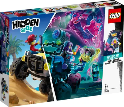 The image shows the packaging of a LEGO Hidden Side playset, featuring a buggy and ghost figures in a vibrant, action-packed scene.