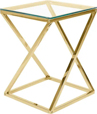 A product shot of a gold and glass side table.