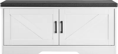 Produktbild von SucceBuy Schuhregalbank mit gepolstertem Sitzkissen (1000 x 355 x 460 mm), Eingangsbank mit 2 Schiebetüren, stabiler Schuhorganizer (136 kg Tragkraft), geeignet für Flur, Wohnzimmer und Schlafzimmer in Schwarz-Weiß