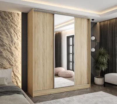 Produktbild von Moderner 3-türiger Schwebetürenschrank Eiche Sonoma 160x58x250 cm – mit Spiegel – Kleiderschrank für Flur, Schlafzimmer oder Ankleidezimmer