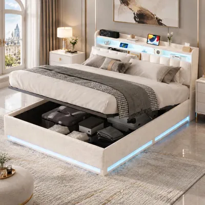 Productafbeelding van INONEFT Hydraulisch bed, 140 x 200 cm, gestoffeerd bed met USB-poort en LED-verlichting, eenpersoonsbed, tweepersoonsbed met opbergruimte en lattenbodem, bed voor volwassenen, fluweel, beige, AI-gegenereerde afbeelding