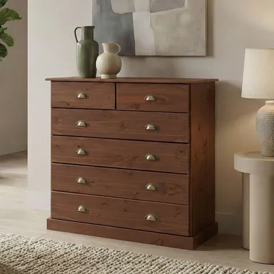 Produktbild von Kommode PARIS aus Massivholz, Kastanie Finish - Apothekerkommode aus Kiefernholz mit 6 Schubladen, Landhausstil mit Muschelgriffen, Schubladenschrank ideal für Schlafzimmer oder Eingangsbereich