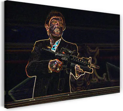 Produktbild von Leinwandbild (100x70cm): Scarface Tony Montana (schwarz-weiß), by Hans Seidel Arts, echter Holz-Keilrahmen inkl. Aufhänger, handgefertigt in Deutschland