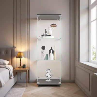 Produktbild von INONEFT Glasvitrine mit Schloss, Eintürig 3 Etagen, Hartglas Vitrinenschrank, für Wohnzimmer Schlafzimmer Büro , 42×36×125 cm, Schwarz