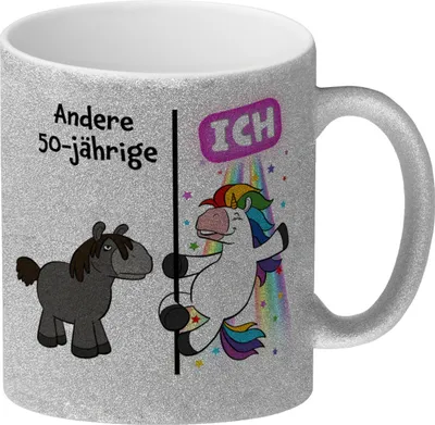 Produktbild von 50. Geburtstag Glitzer-Kaffeebecher mit lustigem Spruch: Einhorn